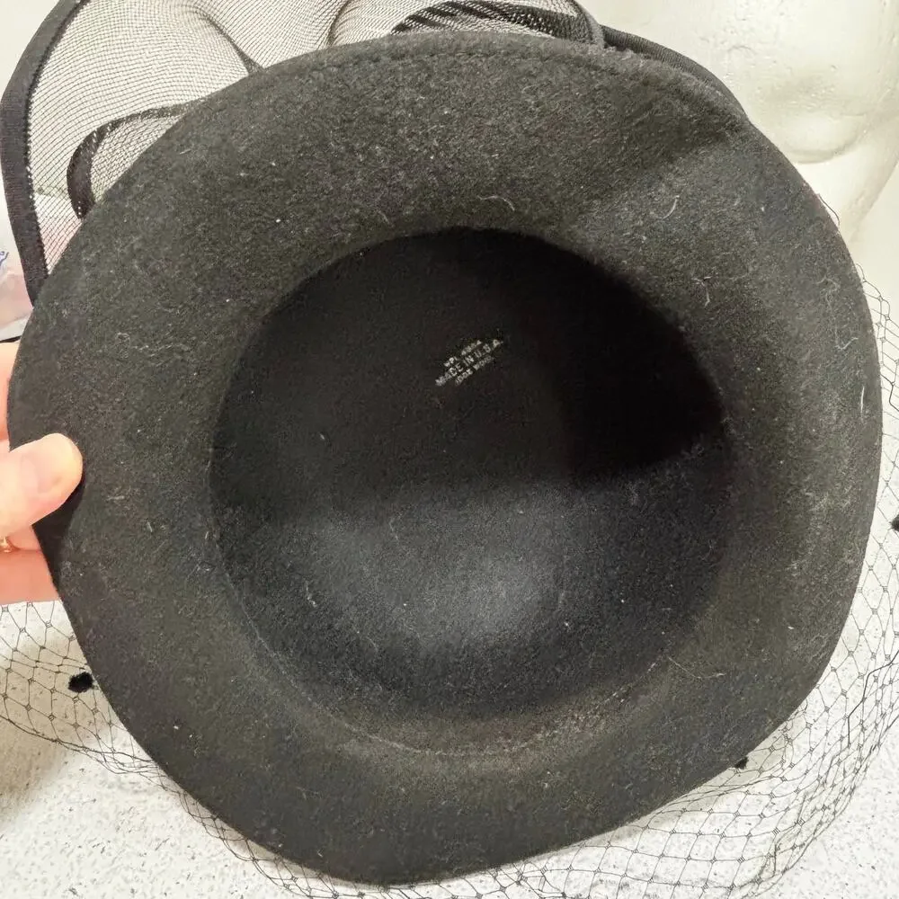 Dressy black felted wool hat large netting bowl & mesh fascinator made in USA